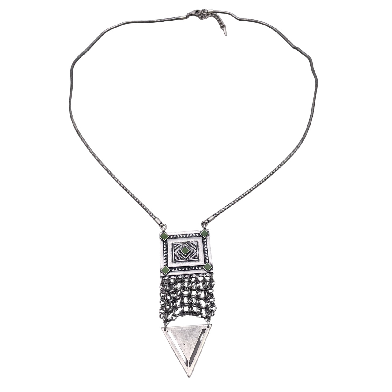 Jenny Bird Silvertone Snake Chain with Large Geometric Statement Necklace 30-32