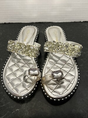 Joli Jolimall Bronze Silver Glitter Sandals Jewel Band Rhinestone Toe Studded 8