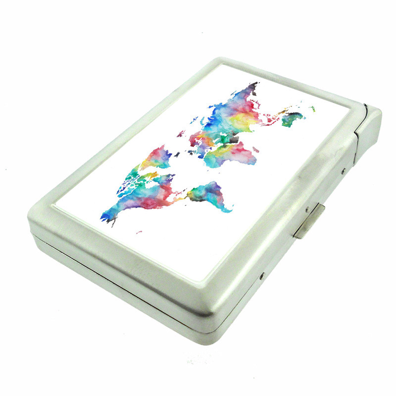 Metal Cigarette Case with Built-in Lighter - Global Map EM2 Wallet Design
