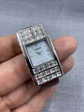 Chico's Mop Dial Crystal Bezel Red Leather Hinged Cuff Quartz Watch