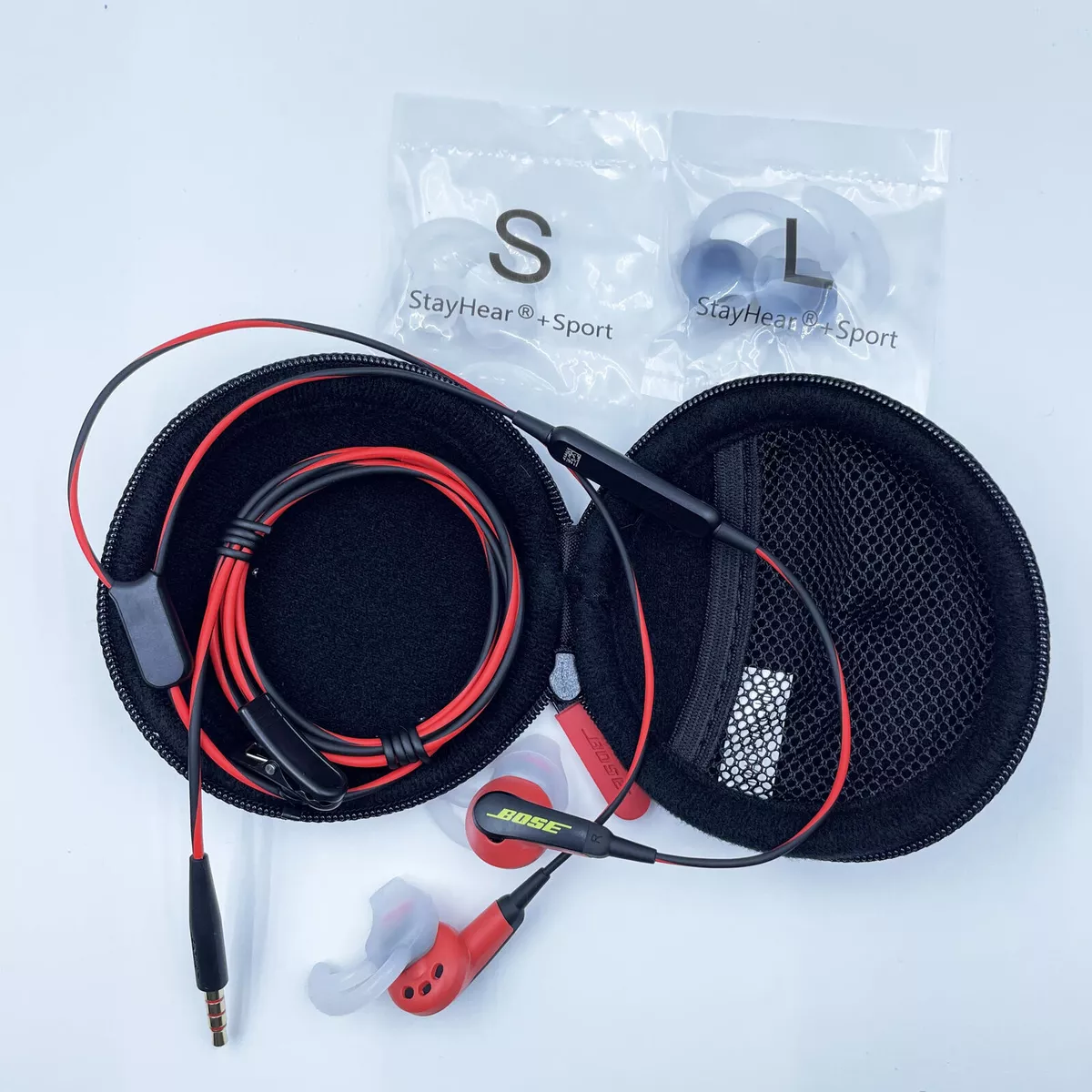 Red and online black earphones