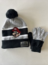 Mario Bros Youth Boys Knit Winter Beanie Hat Gloves Black Grey White