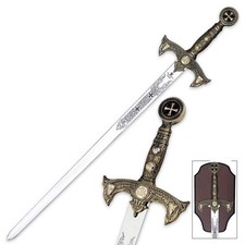 Knights Templar 47in Medieval Sword Etched Stainless Steel Blade Display Plaque