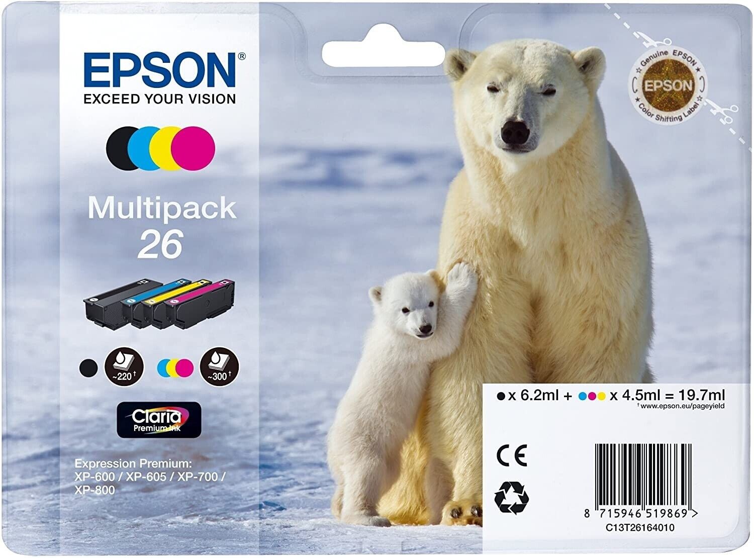 CARTUCCIA EPSON 26 ORSO POLARE MULTIPACK FORMATO STANDARD 4 COLORI