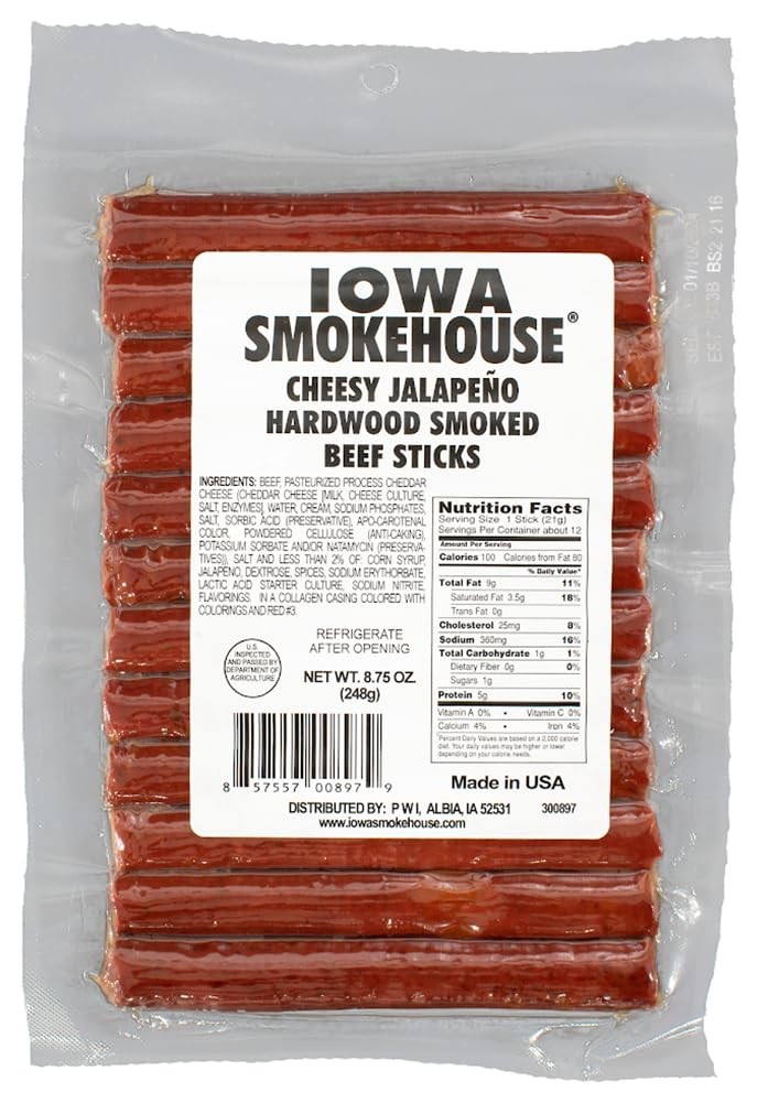 Iowa Smokehouse Cheesy Jalapeno Beef Sticks Hardwood Hickory 8.75 ounce 