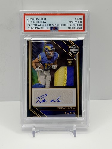 2023 Panini Limited Puka Nacua Gold Spotlight RPA /75 PSA 8 Auto 10 Rams RC SP
