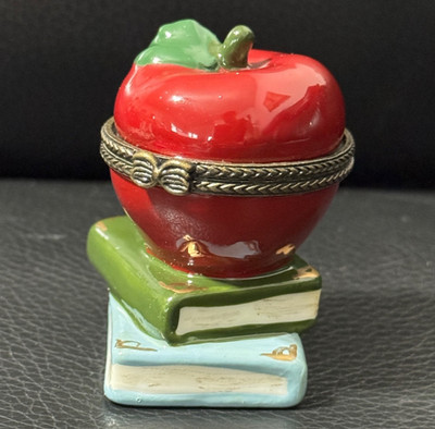 Vintage Red Apple School Books Hinged Porcelain Teachers Trinket Box Limoges