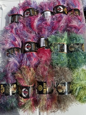 Lot of 15 Lion Brand Fancy Fur Yarn 13 Full, 2 partial skeins Prints & Stripes
