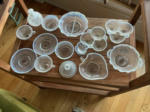 Fenton Hobnail Opalescent Milk Glass Moonstone Lot of 14 Pieces Vases Bowls Etc.
