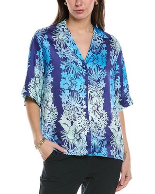 Sandro Womens Blouse shirt short sleeve floral blue Size Large X large NWOT