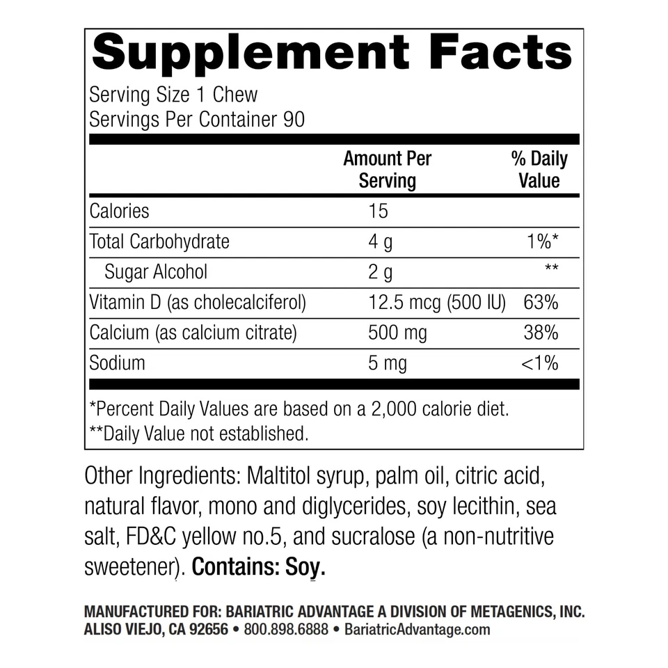 Ventaja bariátrica - Bocados masticables de citrato de calcio 500 mg sabor a limón para Foto 2 de 4