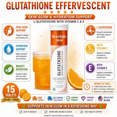 HK Vitals Glutathione Effervescent Tablets Vit C E Skin Support 15 Ct