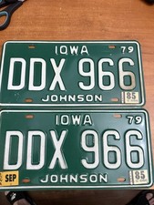 Vintage  License Plate Tag Pair of 2 Iowa 1979 DDX-966 Johnson