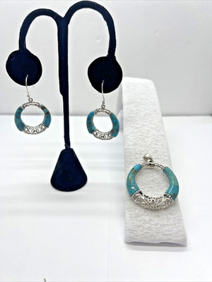 Stauer Kingsman 925 Sterling Silber Türkis Kreis Anhänger & Ohrringe Set