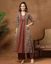 Indian Women Maroon Pure Cotton Ethnic Motifs Printed A-Line Kurta With Palazzo