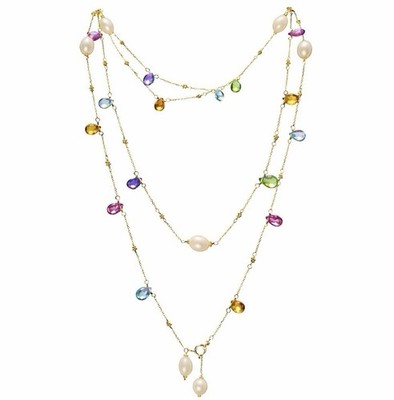 Rainbow Gemstone Necklace Paradise & Pearl 14k Yellow Gold Golden Flower Chain