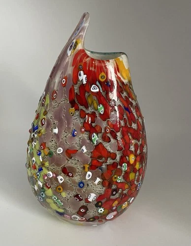 Millefiori Vase Murano Application Of Multicolored Embossed Aventurine 8.5x5.5”