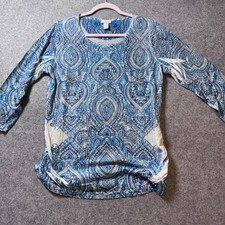 Chico's Size 1 M Blue Paisley Embellished Top 3/4 Sleeve Ruched Side USA Made