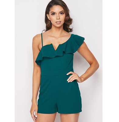 Teeze Me Junior Womens 13/14 Green Pockets Ruffle One Shoulder Romper RETAG