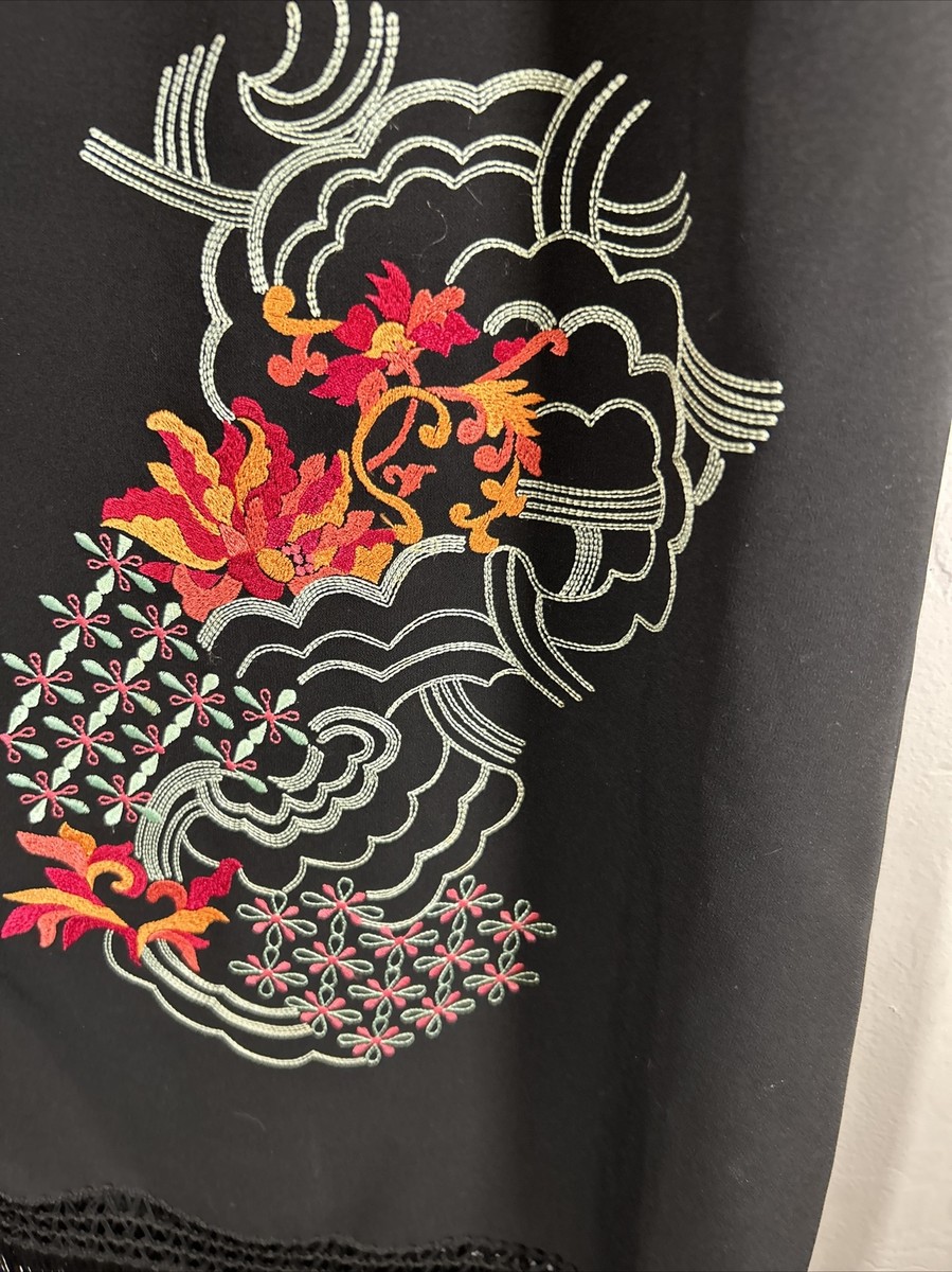 Kenzo Jungle Vintage 80s Black Embroidered Fringe Asymmetrical  