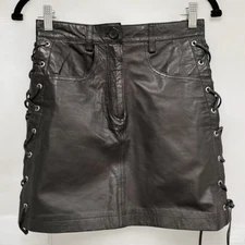 Vintage Women's Leather Lined Lace Up Side Mini A-Line Skirt Black Size Small
