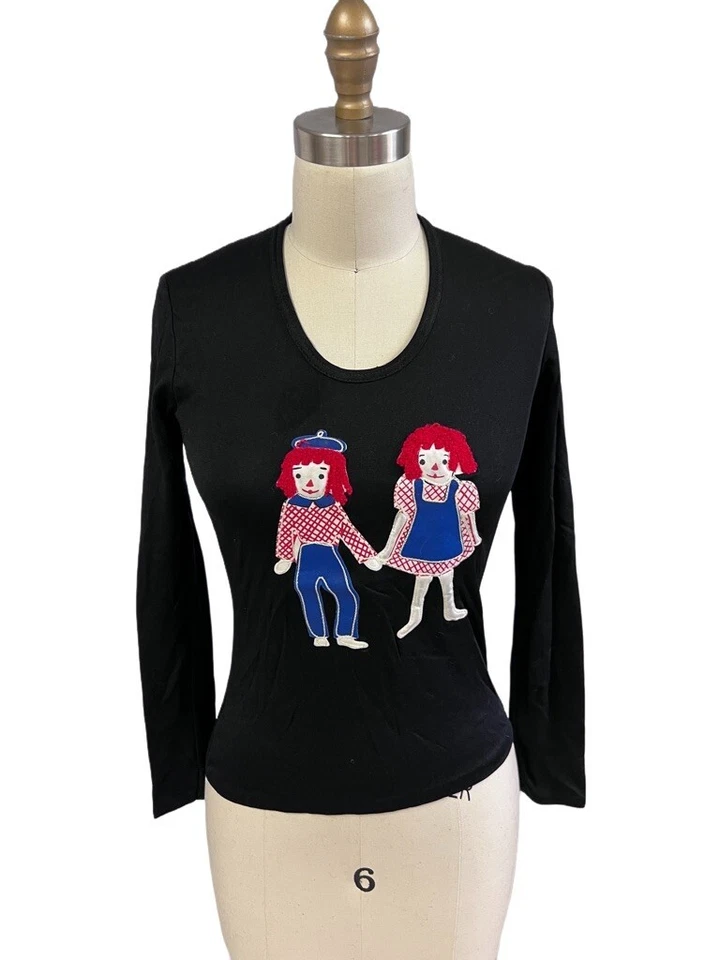 Top Súper Raro De Colección Años 70 Raggedy Ann Andy Apliques Negro Nylon Tejido S M Foto 4 de 4