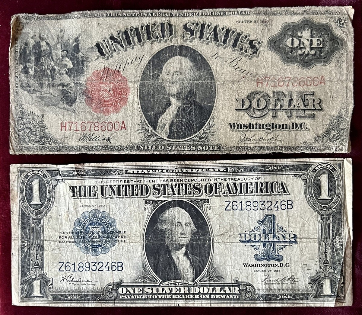 1917 $1 Dollar Bill U. S. Note Red Seal Washington & 1923 $1