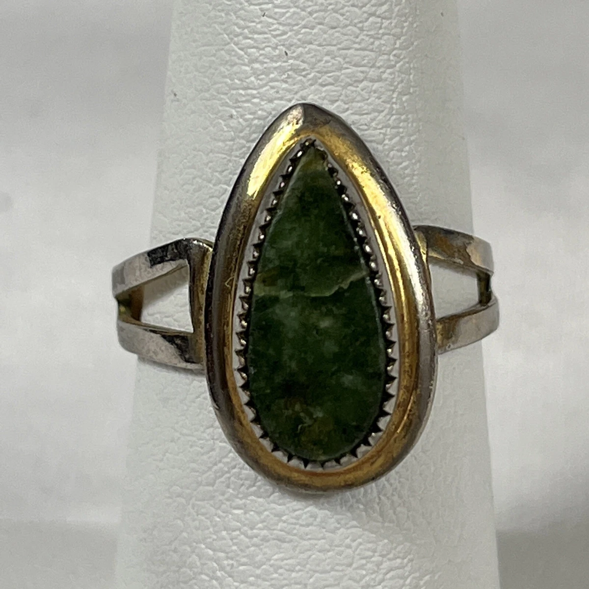 Vintage EMMONS 12K Yellow GF Ring Teardrop Shape w Green Jade Stone Sz 6.75