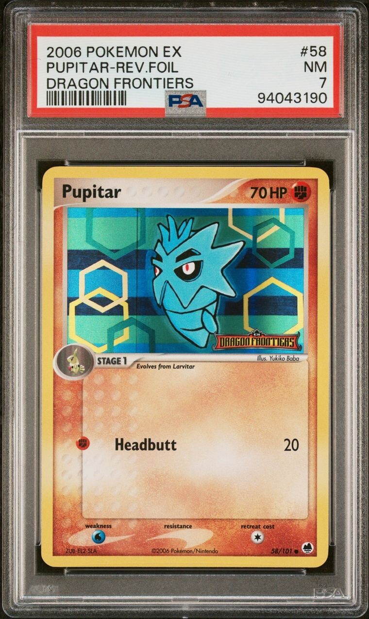 PSA 7 NM Pokemon 2006 Ex Dragon Frontiers Pupitar Reverse Rev Foil Holo #58