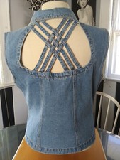 80s 90s Juniors Vintage Denim Vest Large Light Blue Criss Cross Cutout Jean