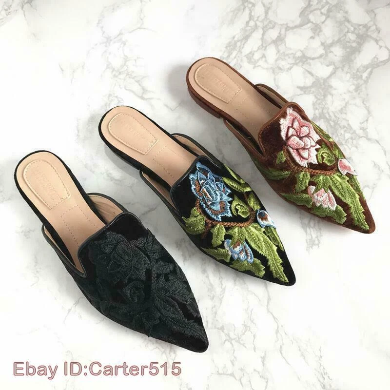 Zapatos de salón florales bordados terciopelo punta mulas verano informales talla Foto 2 de 4