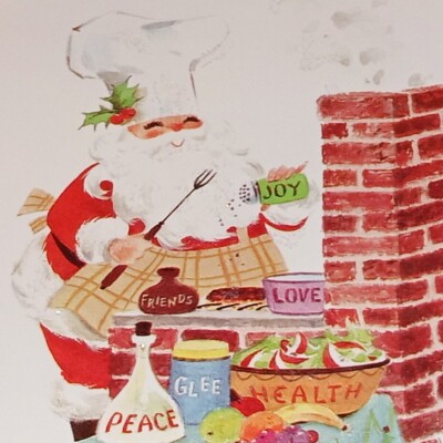 UNUSED Vintage Christmas card, fun Santa grilling, 7''