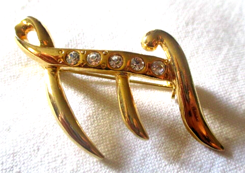Broche Vintage Or Motif Floral Et Couronne Avec Cristaux, Style Diamant - En Bon état