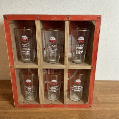 Vintage Amstel Bier Gläser Set mit Holzbox   6 Gläser Bar Deko