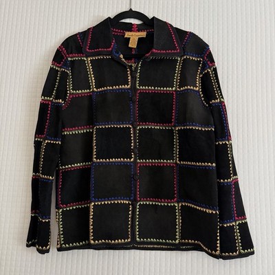 Patchwork Suede Leather Jacket Black Medium Colorful Vtg Boho Crochet Funky 90s