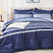 Comforter Set Size 7 Pieces,Striped Bed in a Bag Comforter and King Navy Blue