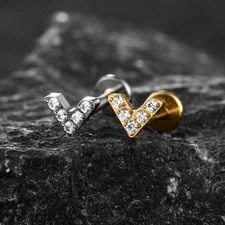 1PC ASTM F136 Titanium V Shape CZ Threadless Flat Back Labret Cartilage Tragus