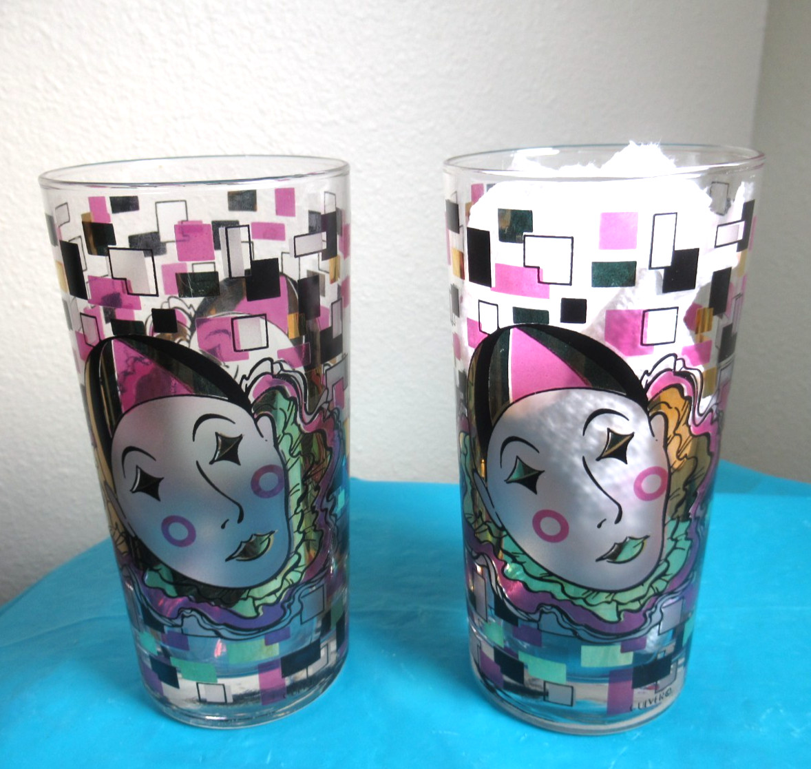 VTG Set of 2 CULVER MARDI GRAS Harlequin Jester Rocks Glasses 22K High Ball Gold