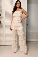 Womens Cream Color Ruffled Tank & Pants Set