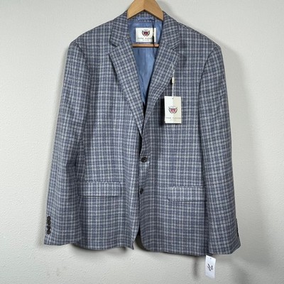 NWT Thom Hudson Silk Wool Blend Sport Coat Mens 46R Blue Tan Plaid Blazer Preppy