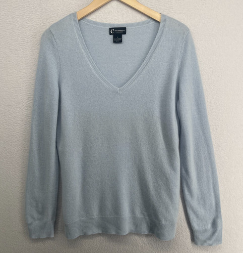 C BY BLOOMINGDALES Sweater L 2 Ply Cashmere Jumper V-Neck Pullover Blue