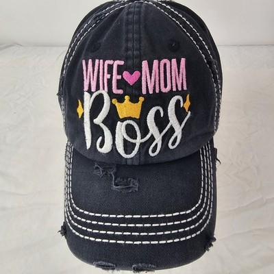 Ladies Distressed VTG Style ''Wife, Mom, Boss'' Baseball Cap Black Entrepreneur