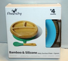 Avanchy Baby Plate Divided Bamboo Toddler Food with Silicone Spoon - Blue
