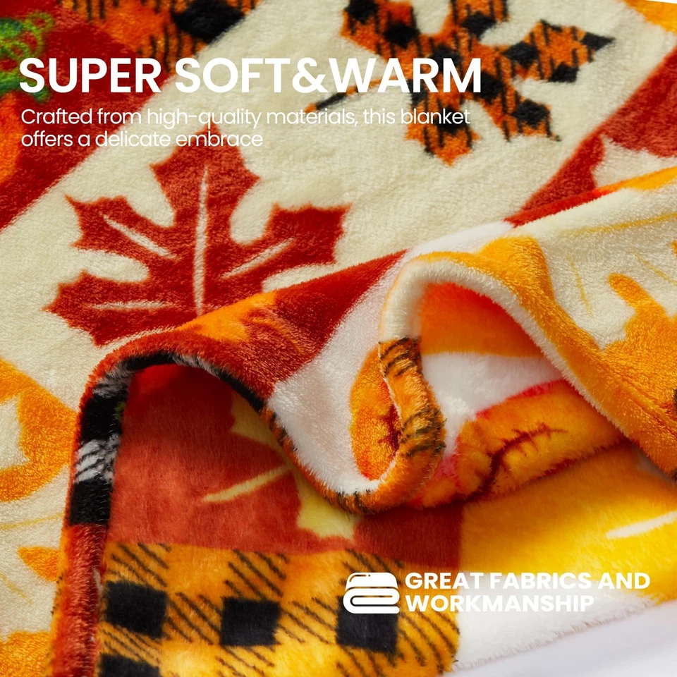 Halloween Fleece Throw Blanket, Pumpkin, Leaves Fall Plaid Blanket, Soft Fuzz... - Image 4 of 4