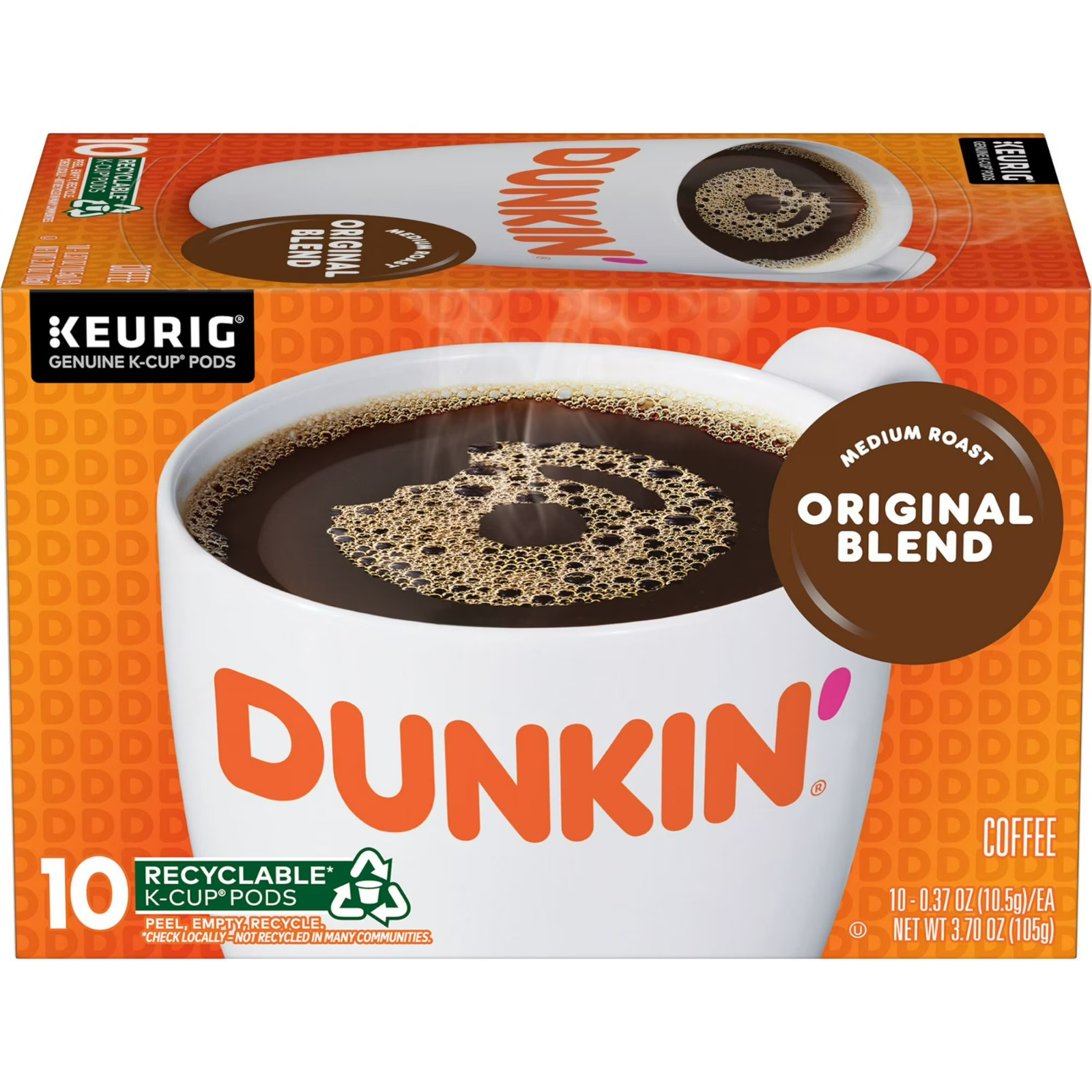 Dunkin' Original Blend Coffee, Medium Roast, Keurig K Cup Pods, 10 Count Box