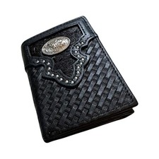 Western Stakes Mens Leather Tri Fold Wallet Basketweave Custom Cowboy Concho Cow