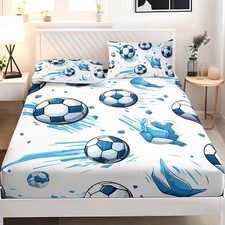 Soccer Full Size Fitted Set, Sport Football Bed , Blue Graffiti Bedding for B...