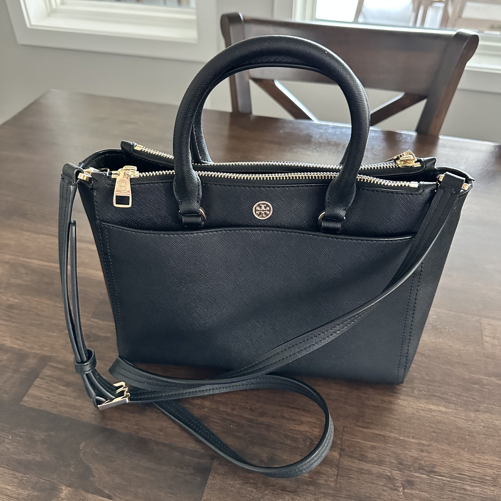 Tory Burch Robinson Double Zip Convertible Satchel Crossbody Black Saffiano