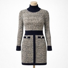 Luxury Wool Mock Neck Sweater Dress Size 8 Gray Blue Old Money Pockets Preppy