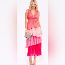 Medium- WOMEN'S SLEEVELESS V-NECK RUFFLE TIERED COLORBLOCK MAXI DRESS